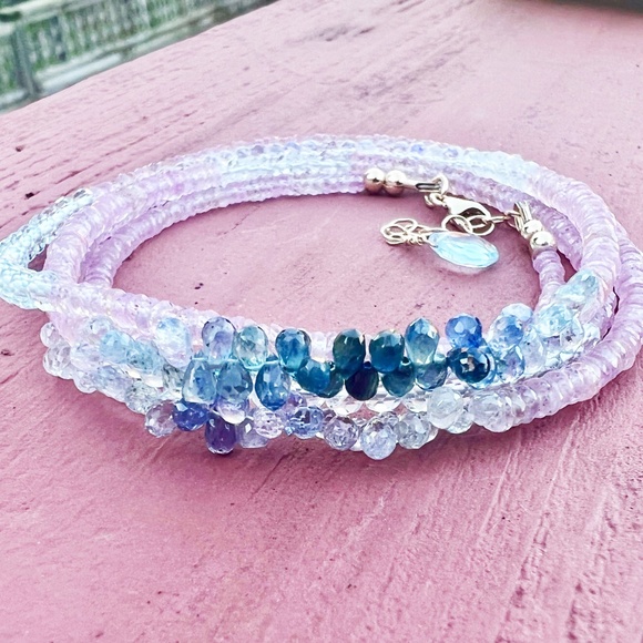 14K Gold Gemstone Wrap Bracelet Necklace: Moonstone, Sapphire, Aquamarine - Picture 6 of 13